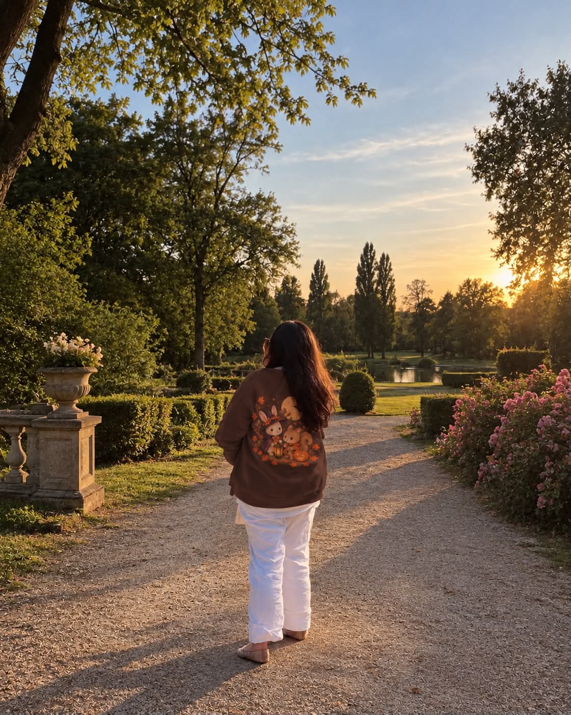 Une cliente de dos dans un jardin au coucher du soleil, en sweat chocolat illustré.